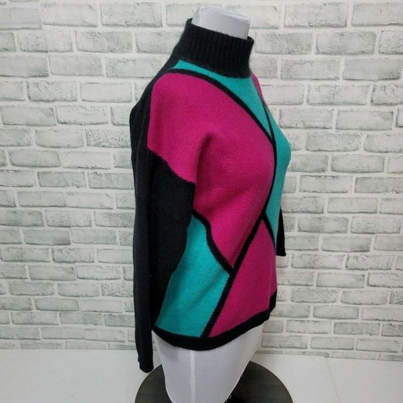 Vintage 80s Richard &‎ Co Bright Colorful Colorblock Angora Sweater Mock Neck - Picture 3 of 7